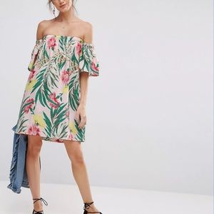 ASOS Off Shoulder mini sundress Tropical Print